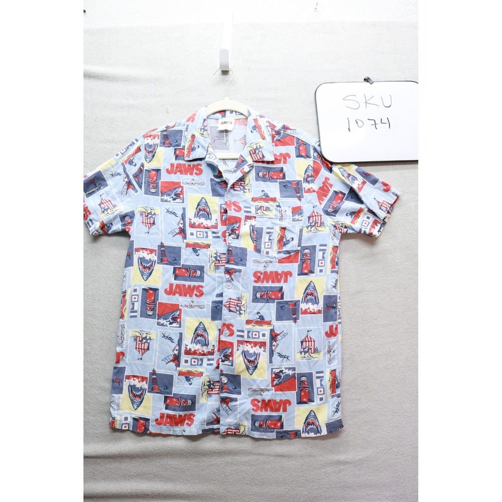 Jaws Button Down Shirt Mens M Blue Shark Movie Graphic Rayon Short Sleeve Camp